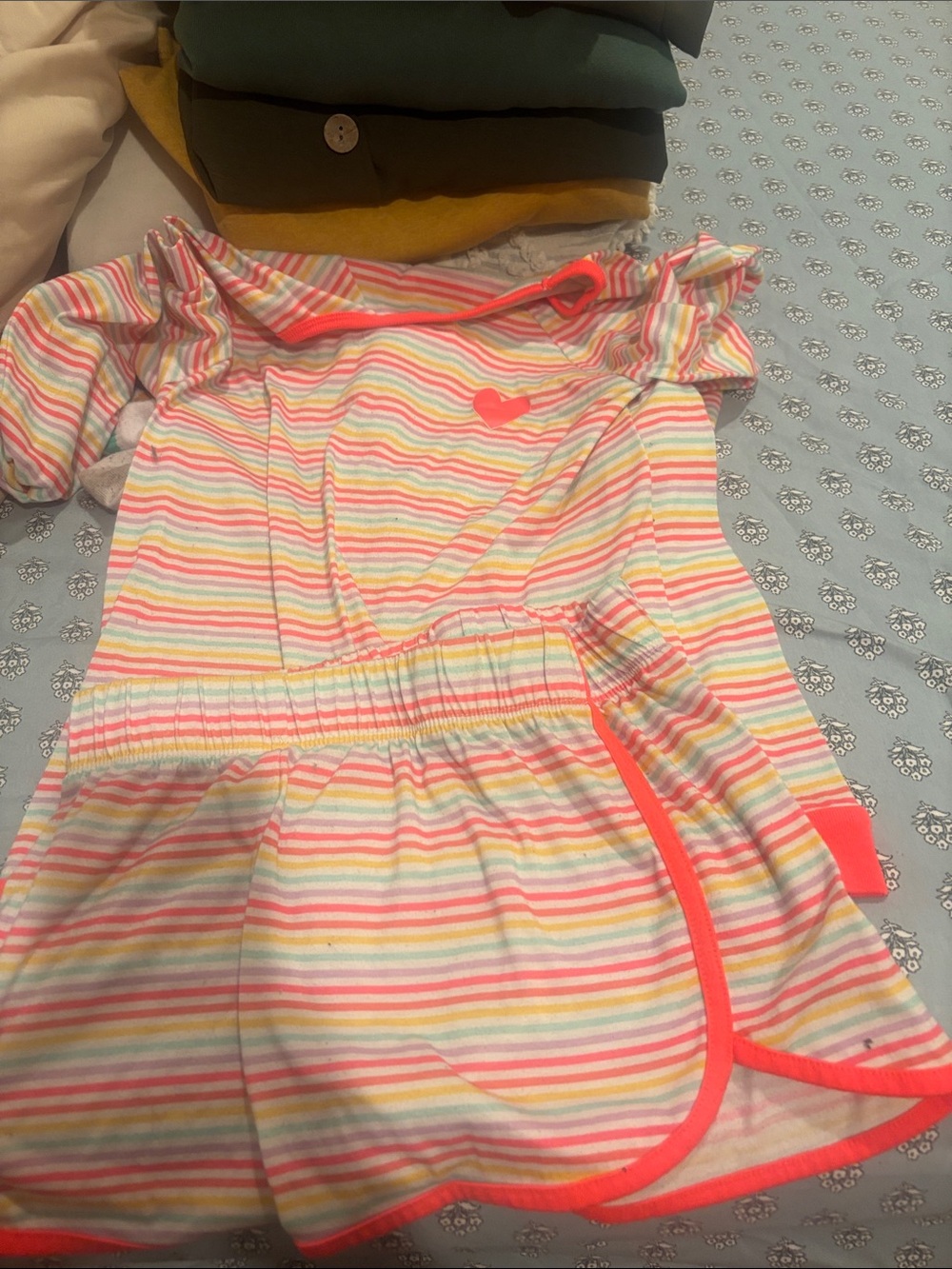 Cat & Jack Pink, Yellow & Green Striped Pajama Set with Neon Pink Trim